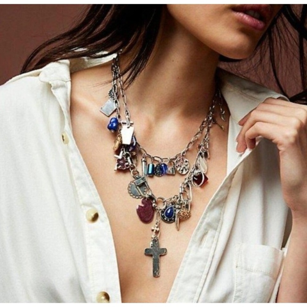 Free People Maxamillion Charm Cross My Heart Necklace Silver Tone Layered Boho